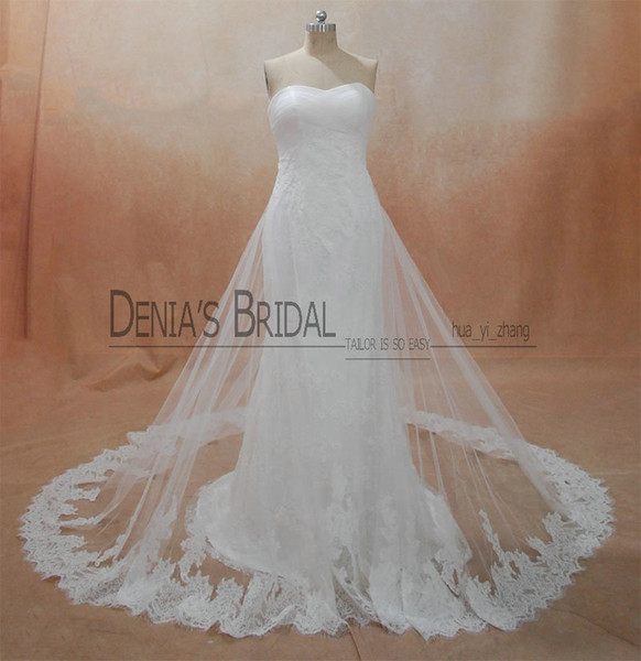 2017 Strapless Sheath Wedding Dresses with Pleated Bodice Appliques Beaded Lace Cape Floor Length Court Train White Bridal Gowns