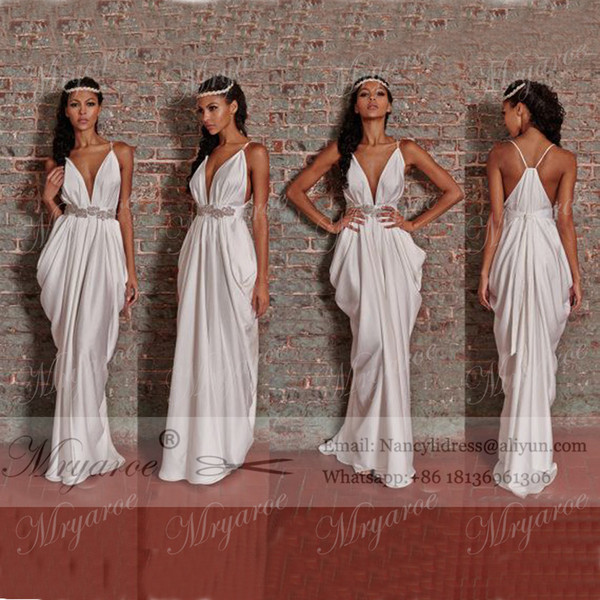 2017 Unique Dress Women Fashion Greek Style White Wedding Dress Sexy Spaghetti Straps Deep V Neck Drapped Skirt Open Back Dresses
