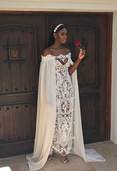 SEXY IVORY WEDDING DRESSES BEACH COWL BACKS WRAP ANKLE LENGTH TRANSPARENT GRECIAN EMBROIDERED LACE OFF SHOULDER GRACEFUL CHIFFON CAPE DRESS