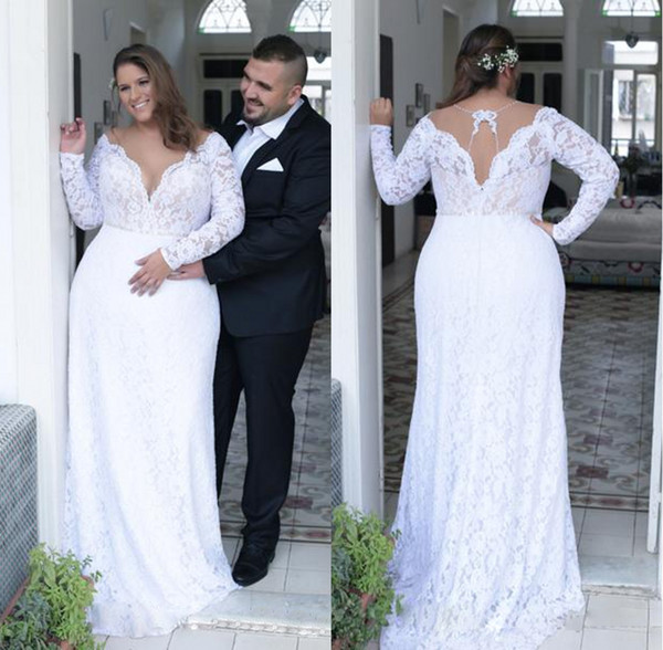 Beautiful Sexy Deep V neck White Lace Plus Size Wedding Dress Long Sleeves Unique Back Sheath Plus Size Dress For Bride ADPW004