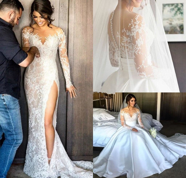 High Split Lace Steven Khalil Wedding Dresses with Detachable Skirt Sheer Neck Long Sleeves Sheath Overskirts Bridal Gown 