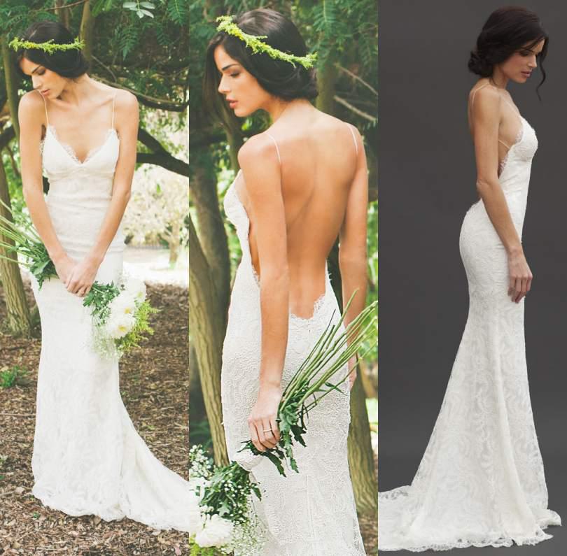 Katie May 2016 Sexy Backless Summer Holiday Boho Wedding Dresses Lace Spaghetti Sheath Garden Beach Bohemian Sheer Bridal Wedding Gowns
