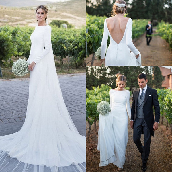 Plain Long Sleeve Wedding Dresses Bateau Backless Sweep Train Country Garden Chapel Muslim Bridal Gowns Vestido De Novia Ivory