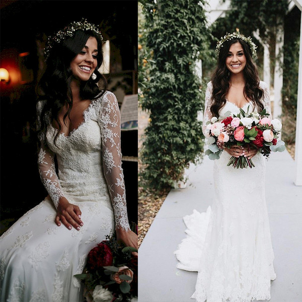 Elegant Cheap Country Full Lace Wedding Dresses Plugging V Neck Long Sleeve Applique Floral Beach Bridal Gowns berta bridal Designer