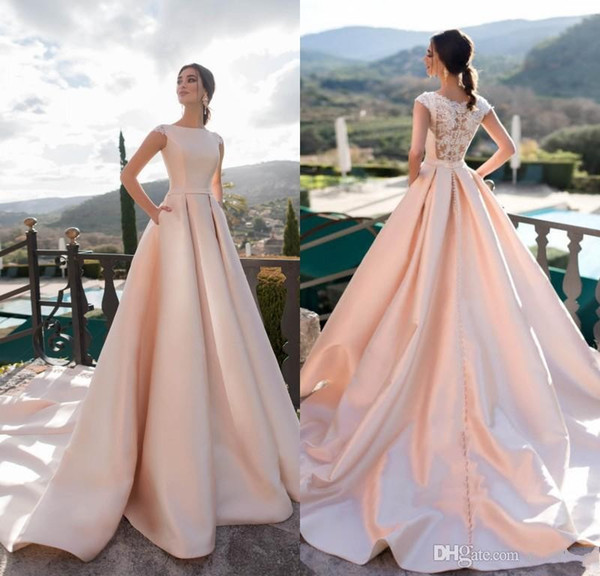 Nora Naviano Wedding Dresses Jewel Neck Lace Satin Beach Bridal Gowns Button Back Sweep Train A-Line Wedding Dress Robe De Mariée