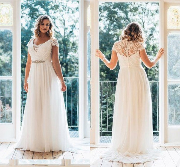 Elegant Cheap Wedding Dresses Plus size V neck With Short Sleeves Applique Ribbon with Crystal Beaded Chiffon Hollow Back lace Gowns