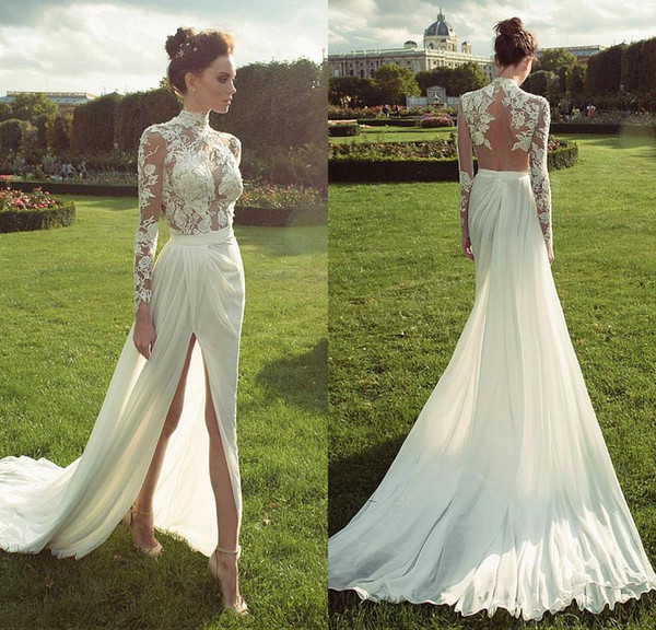 Fabulous Chiffon High Collar See-through High Slits Sheath Wedding Dresses With Lace Appliques Long Sleeves Backless Beach Bridal Gowns