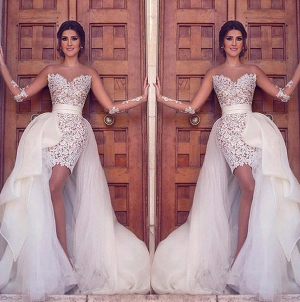 Vintage Full Lace Sheath Over skirts Wedding Dresses Arabic Sheer Illusion Long Sleeves Appliques Sheer Jewel Neck Short Bridal Gowns BA2363