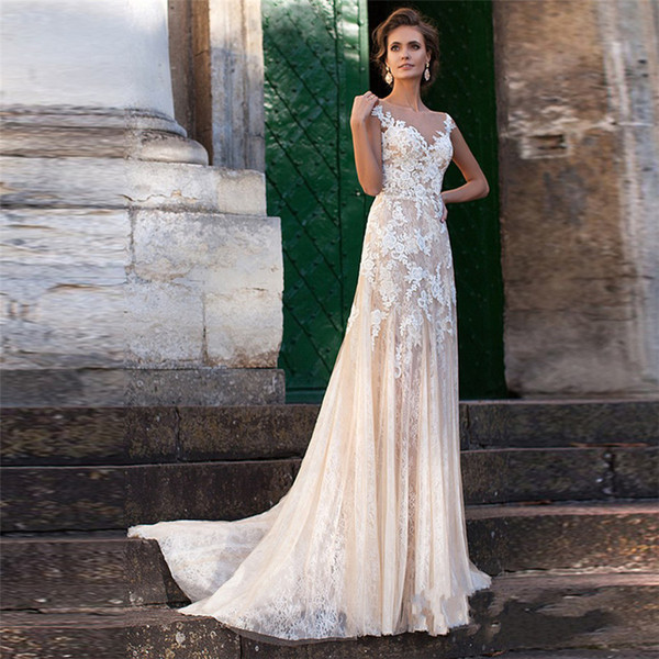 Lace Wedding Dress 2017 Illusion Neckline Appliques Vintage Bridal Gowns Robe De Mariage Sheath Wedding Dresses Sheer Back Vestido