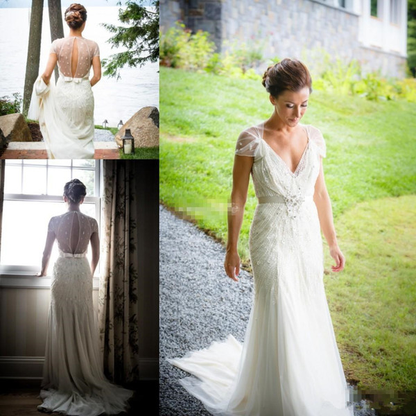 Jenny Packham 2016 ivory lace Vintage sheath wedding dresses floor length v neck short sleeve bride of gowns