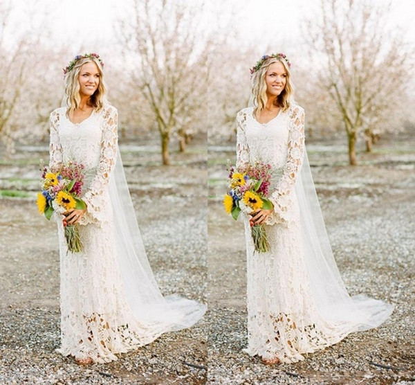 Romantic Boho Wedding Dresses Long Sleeve Neck A Line Full Lace Country Style Bridal Gown Custom Made