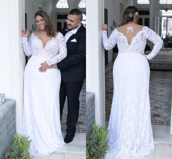 Beautiful Sexy Deep V neck White Lace Plus Size Wedding Dress Long Sleeves Unique Back Sheath Plus Size Dress For Bride 