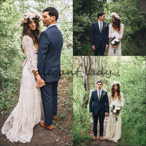 Vintage-Inspired Hippie Maxi Lace Bohemian 3/4 Long Sleeve Wedding Dresses Crochet V-neck Beach Boho Cheap Wedding Gowns Plus Size