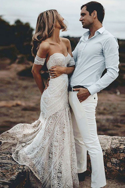 Boho Summer Off Shoulder Bohemian New Beach Backless Wedding Dress Lace Transparent Modern Long Bridal Gown Custom Made Casual Fishtail