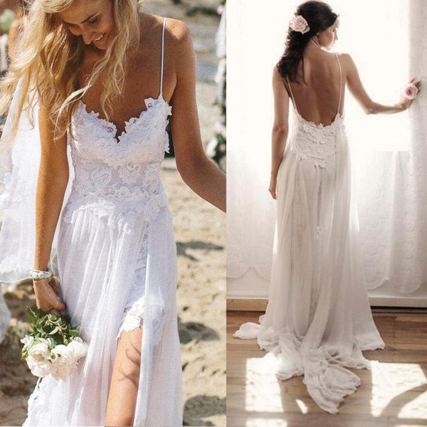 New Beach Chiffon Wirn Lace Sweetheart Straps Sleeveless Backless Long Sweep Train Custom Made Wedding Bridal Gowns