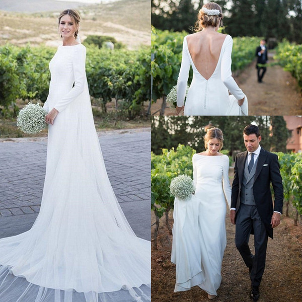 Modest Long Sleeves Sheath Bohemia Wedding Dresses Backless Court Train Wedding Bridal Gowns With Buttons robes de soirée
