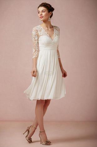 Hot Sales 3/4 Lace Sleeve Short Beach Wedding Dresses V-Neck Ruffles Knee Length Empire Chiffon Bridal Gowns Custom Made