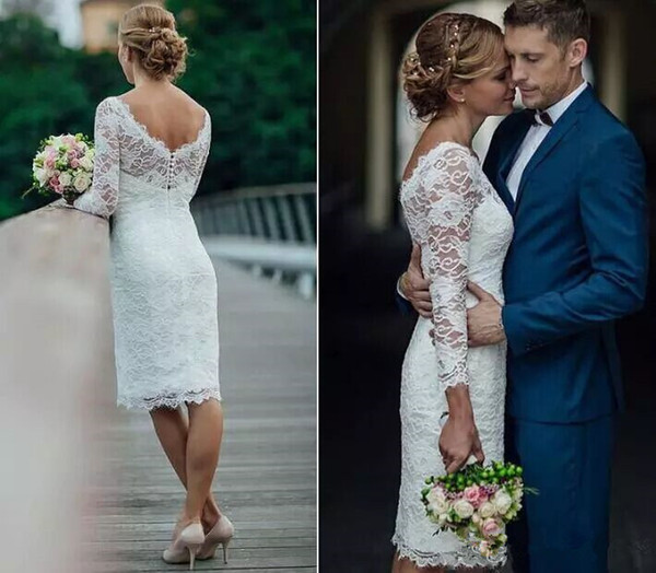 Elegant Short Summer Lace Wedding Dresses Knee Length Simple White Ivory Short Sheath Wedding Dresses Bridal Gowns With Long Sleeves