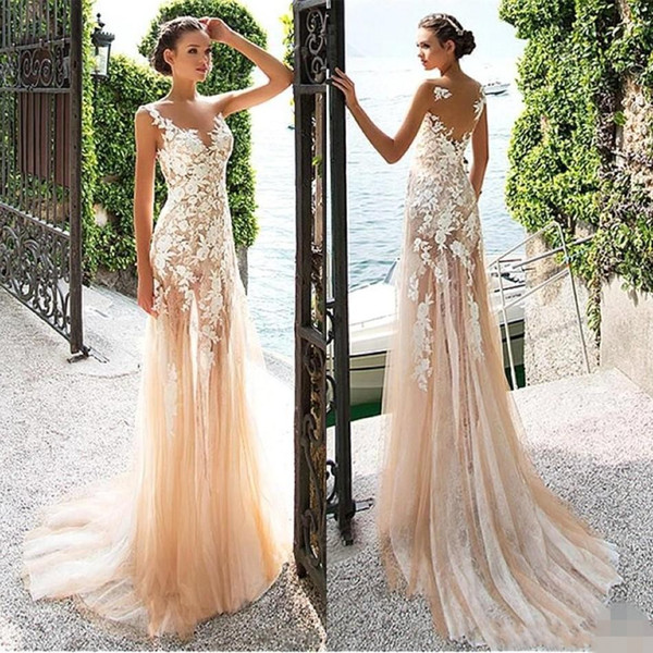 Marvelous Bohemian Sheath Wedding Dresses Bridal Gowns Tulle Lace Bateau Neckline See-through With Lace Appliques