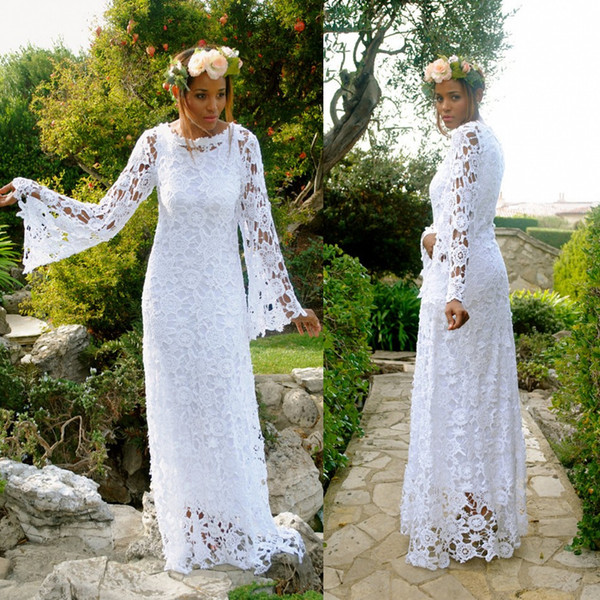 White Bohemian Sheath Wedding Dresses Sheer Scoop Butterfly Sleeves Long Summer Beach Bridal Gowns BA7612