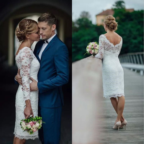 2017 Vintage Lace Short Knee Length Wedding Dress Sheer Neckline Cheap Custom Made Country Beach Bridal Gowns with Illusion Sleeves