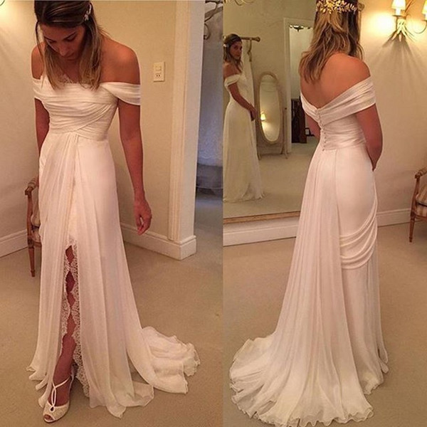 Newest Off The Shoulder Chiffon Sheath Wedding Dresses Chapel Train Button Back Elegant Chiffon Bridal Wedding Gowns