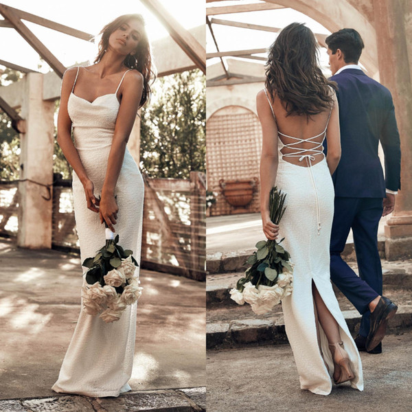 In Stock Cheap Straps Sheath Wedding Dresses New 2019 Back Slit Sexy Open Back Beach Boho Bridal Gowns Spaghetti Bride Dress F0598