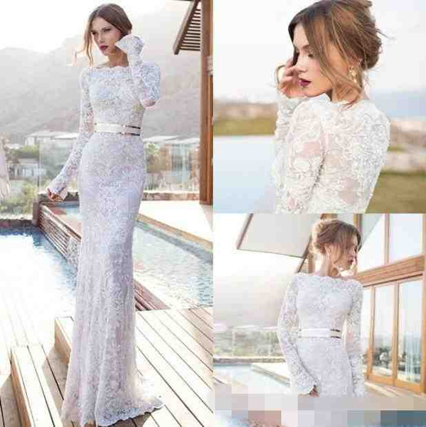 Julie Vino Sheer Wedding Dresses Bateau Neck Long Sleeves Floor Length Sheath Bridal Gowns Sash Simple Beach Wedding Gowns Hot Custom 2017