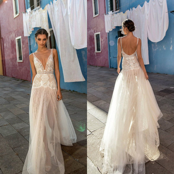 Sexy Wedding Dresses Sheath V-Neck Tulle Lace Side Slit Bridal Gowns Beach Boho vestido de novia Sheer Wedding Gowns
