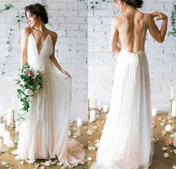 2017 Simple Sexy Plunging V Neck Straps Spaghetti Sheath Chiffon Wedding Dresses Backless Long Cheap Bridal Gowns Summer Beach Wedding Gowns