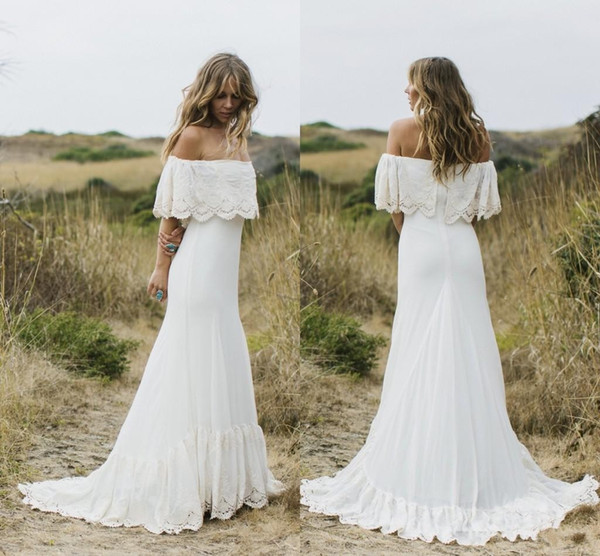 2017 Off Shoulder Beach Wedding Dresses Lace Sheath Sweep Train Country Chiffon Boho Bridal Gowns Cheap Custom Made