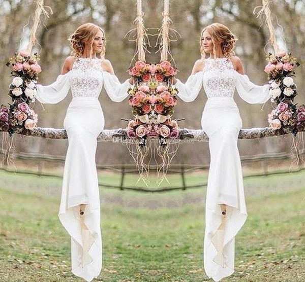 Elegant Lace Sheath Wedding Dresses Bateau Sweep Train Modern Chiffon Long Sleeves Country Bridal Gowns Cheap Sexy Beach Boho Wedding Dress