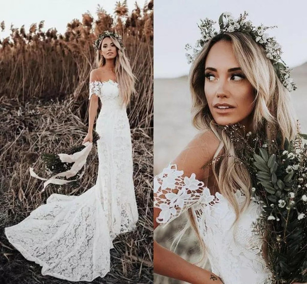 Elegant Boho Lace Wedding Dresses Country Style Off The Shoulder Short Sleeves Bridal Dresses Beach Wedding Gowns Sweep Train CF