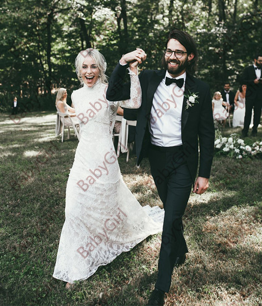 High Neck elegant Boho Wedding Dresses Long Sleeve backless sweep train lace bridal gowns with long sleeve