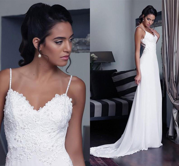 Backless Lace Pearls Arabic Wedding Dresses Spaghetti Straps Beach V-neck Wedding Gowns Sexy Summer Bridal Gowns