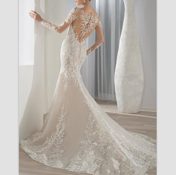 new white lace mermaid wedding dresses sexy sheer neck backless long sleeves wedding gowns custom sweep train plus size bridal dresses