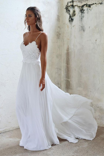 Elegant Beach Boho Wedding Dress With Spaghetti straps Applique Lace Chiffon Sweep Train Beaded Bridal Wedding Gowns Cheap