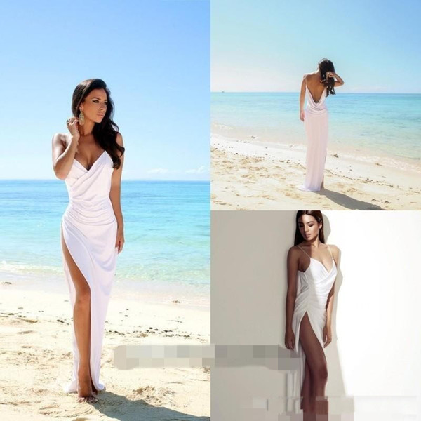 Sexy Deep V Neck Beach Wedding Dresses Spaghetti Straps Side Split Bridal Gowns White Chiffon Open Back Sheath Column Summer Cheap Dress