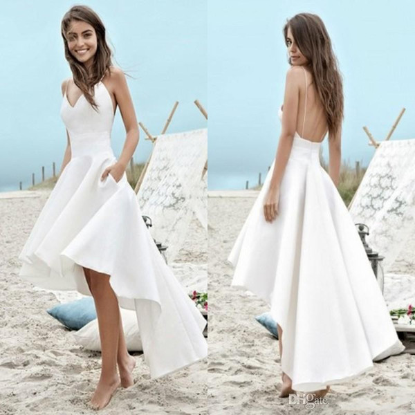 Cheap under $100 Summer Wedding Dresses A Line Beach Boho Bridal Gowns High Low Backless Spaghetti Straps Holiday Gowns