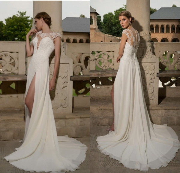 2017 New Sexy Sheath Wedding Dresses with High Split Front Capped Sleeves Beaded Lace Chiffon Boho Beach Bridal Gowns Custom Made
