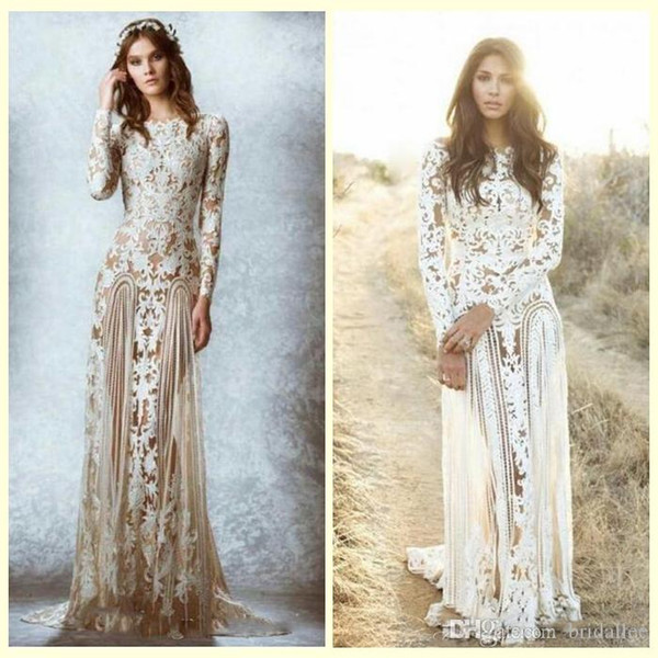 Zuhair Murad Lace Vintage Wedding Dresses Custom Made Long Sleeves Court Train Beach Country Bridal Gowns Crew A-line Stunning Lace