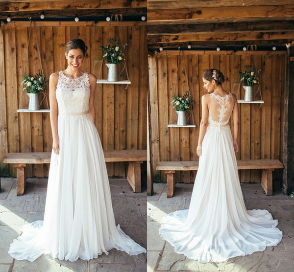 Romantic Beach Boho Wedding Dresses Applique Hollow Back Sequins Chiffon Jewel Sheer Neck Lace Wedding Bridal Gowns Cheap new