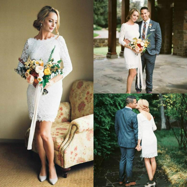 Beautiful Garden Lace Short Sheath Wedding Dresses 3/4 Long Sleeve Spring Country Custom Vestido de novia Formal Bridal Gown