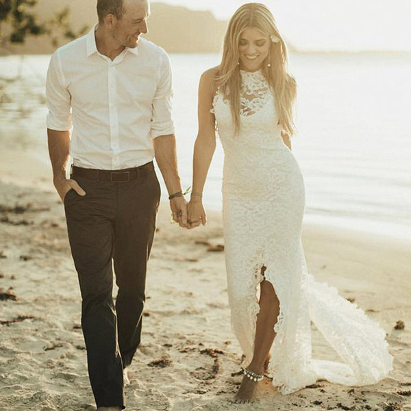 Elegant Full Lace Beach Wedding Dresses Hollow Back High Neck Front Split Elegant Long Sheath Bridal Gown for Beach Wedding Custom Size