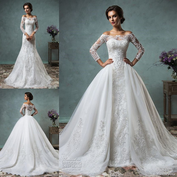 Overskirt Wedding Dresses Full Lace Long Sleeves Bridal Gowns Amelia Sposa Arabic Wedding Gowns Wit Bateau Neck Zip Back Court Train