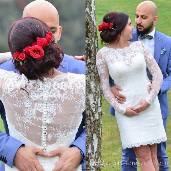 Long Sleeve Short Sheath Wedding Dresses Jewel Neck 2017 Simple Design Vestidos de Noiva Mini Bridal Gowns Custom Size