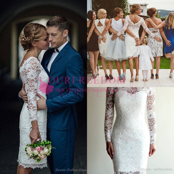 Boho Lace Sheath Wedding Dresses Long Sleeve Full Lace Short Wedding Gown Beach Garden Bridal Gown Custom Made Cheap