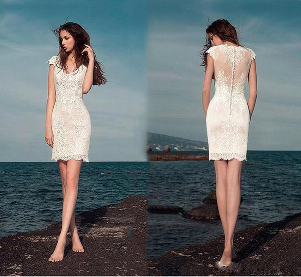 Lace Sheath Short Wedding Dresses Vestido Country Cap Sleeve Beaded Mermaid V Neck Mini Beach Wedding Bridal Gowns with covered buttons