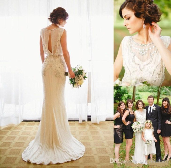 2017 Luxury Beads Crystal Wedding Dresses Modern Jenny Packham Sheath Scoop Beige Lace Illusion Bridal Gowns Floor Length Vestido