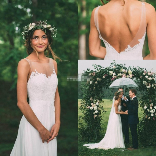 Bohemian Style Country Wedding Dresses Backless Illusion Neck Sleeveless Sheath Chapel Train Vintage Lace Bridal Gowns Plus Size Cheap